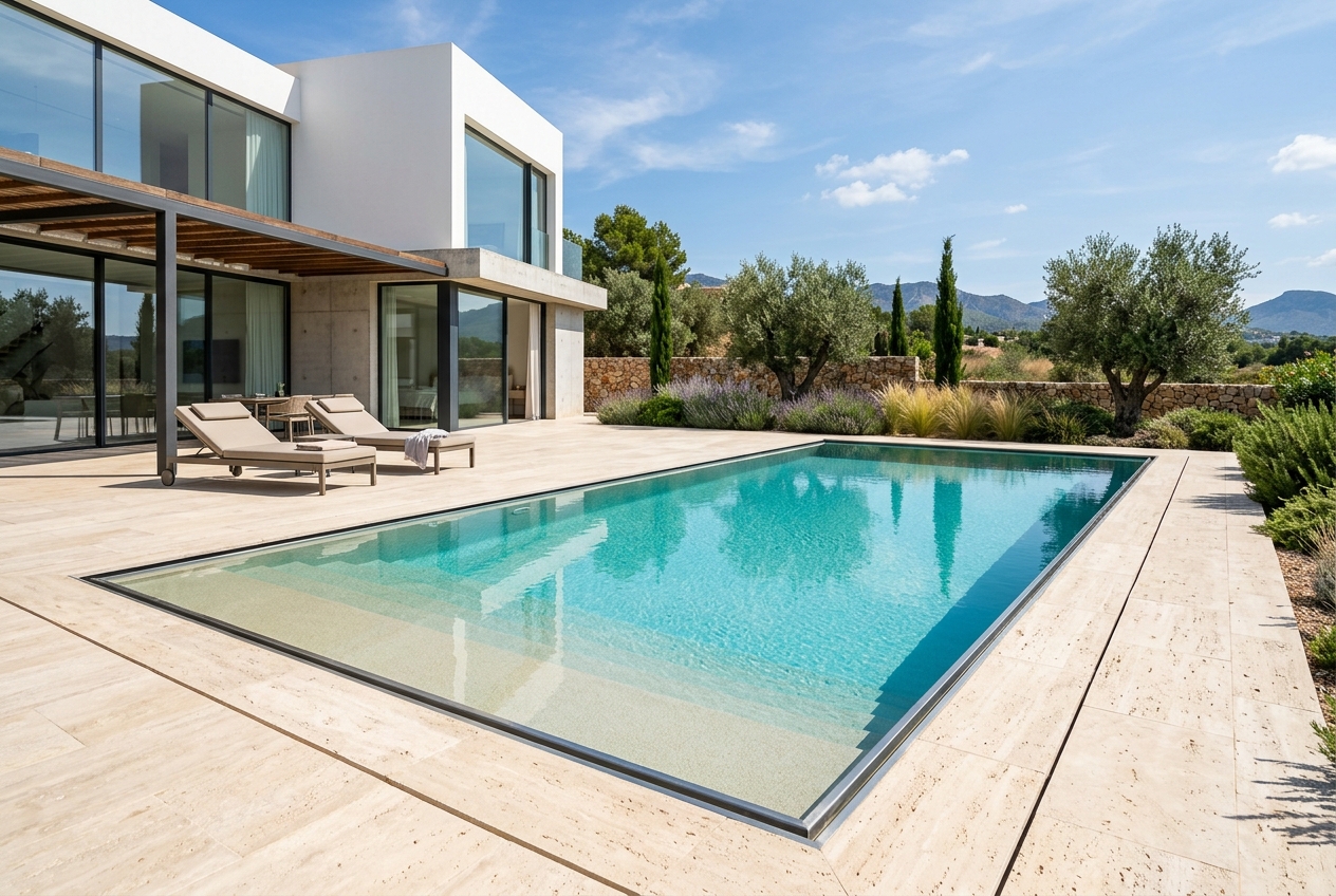 Piscina de obra nueva con liner armado color arena en chalet moderno