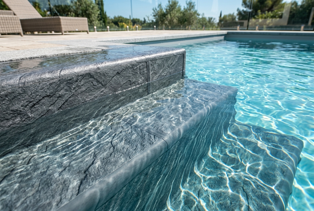 Escaleras de piscina con textura de liner armado 3D pizarra